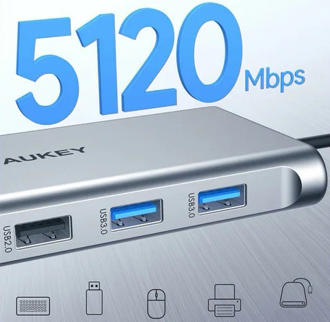 Večfunkcijski USB-C razdelilec AUKEY CB-C89, 10-v-1, USB-C, HDMI 4K, RJ45, SD/microSD, 100W, srebrn