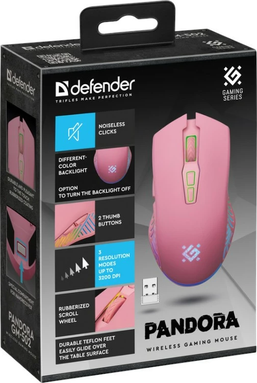 Brezžična miška Defender PANDORA RF, 3200 DPI, 7 gumbov, RGB, rožnata