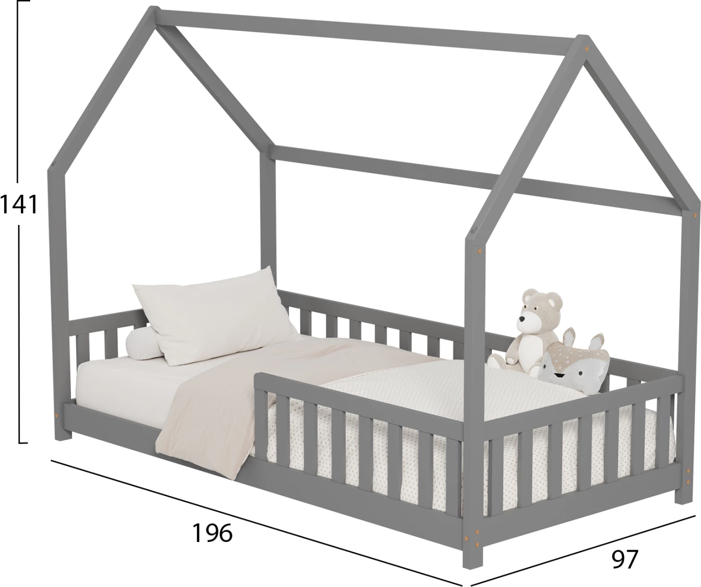 Postelja za otroke s ograjo PHYLLIS FH679.05 t.MONTESSORI iz masivnega borovega lesa v sivi barvi - 190x90cm