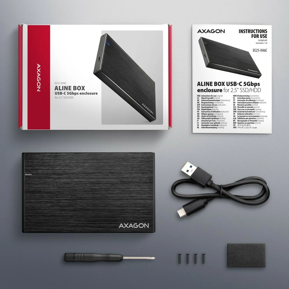 Računalniško ohišje za zunanje diske AXAGON EE25-XA6C, 2,5", USB-C 3.2 Gen 1, aluminij, črno Računalniško ohišje za zunanje diske AXAGON EE25-XA6C, 2,5", USB-C 3.2 Gen 1, aluminij, črno
