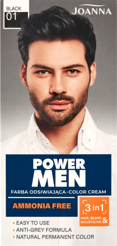 Barvna krema za lase za moške, Joanna Power Men Color Cream Gray, 01 Črna, 30 g