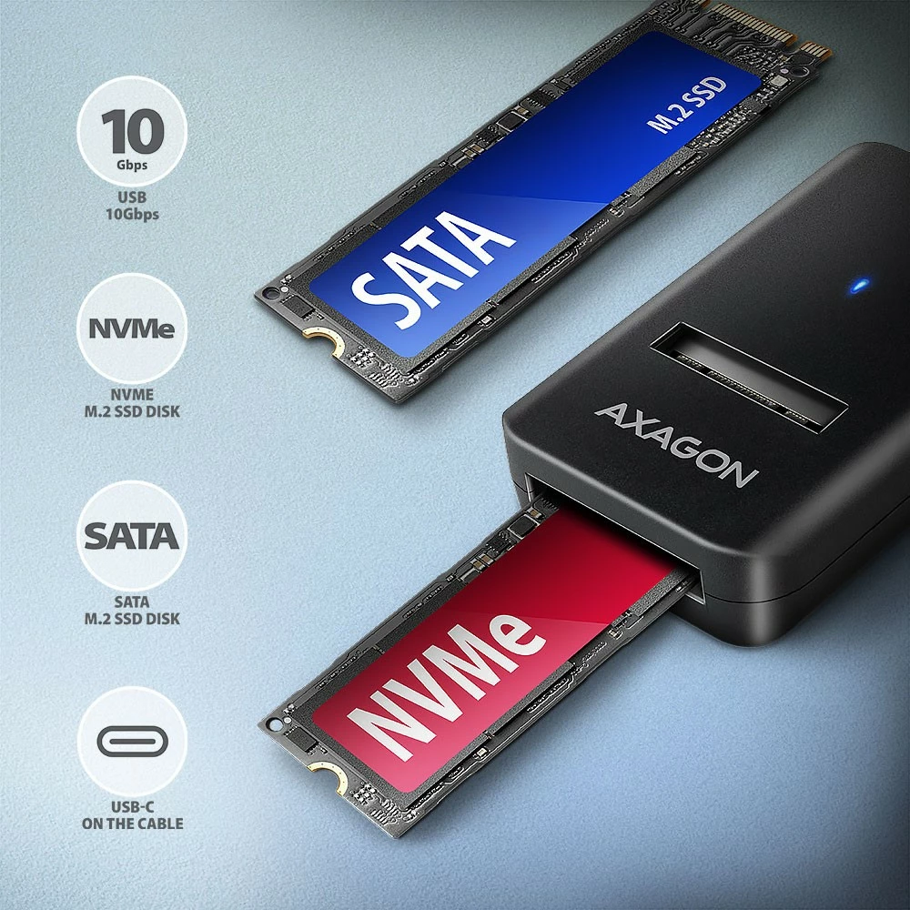 Računalniško ohišje za SSD M.2 NVMe/SATA, USB 3.2 Gen 2, 10 cm kabel, črno, AXAGON ADM2-CM Računalniško ohišje za SSD M.2 NVMe/SATA, USB 3.2 Gen 2, 10 cm kabel, črno, AXAGON ADM2-CM