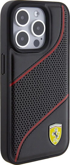 Zaščitni ovitek Perforated Waves z metalnim logotipom Ferrari za iPhone 15 Pro, črn