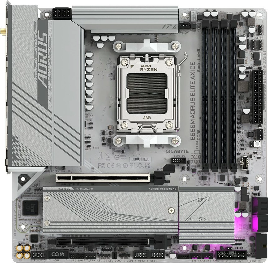 Matična plošča B650M AORUS ELITE AX ICE Gigabyte, Socket AM5, DDR5, PCIe 5.0, WiFi 6E, srebrna