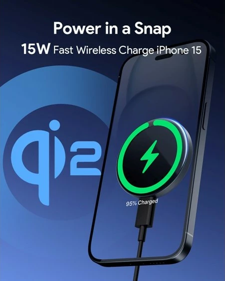 Brezžični polnilec AUKEY MagFusion Aura Qi2, 15 W, črn