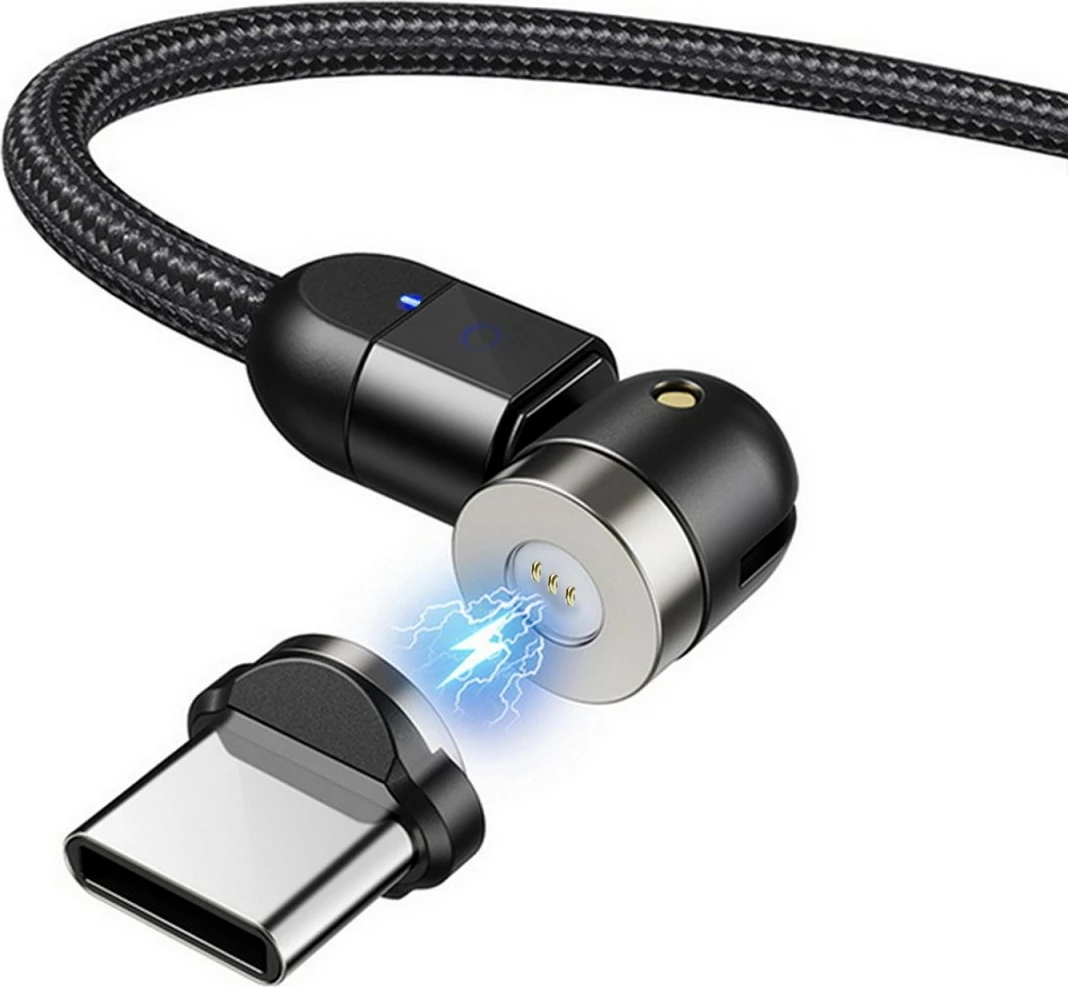 Magnetni kabel USB-A na USB-C, Maclean MCE475, 2 m, koten z vrtljivim konektorjem, črn
