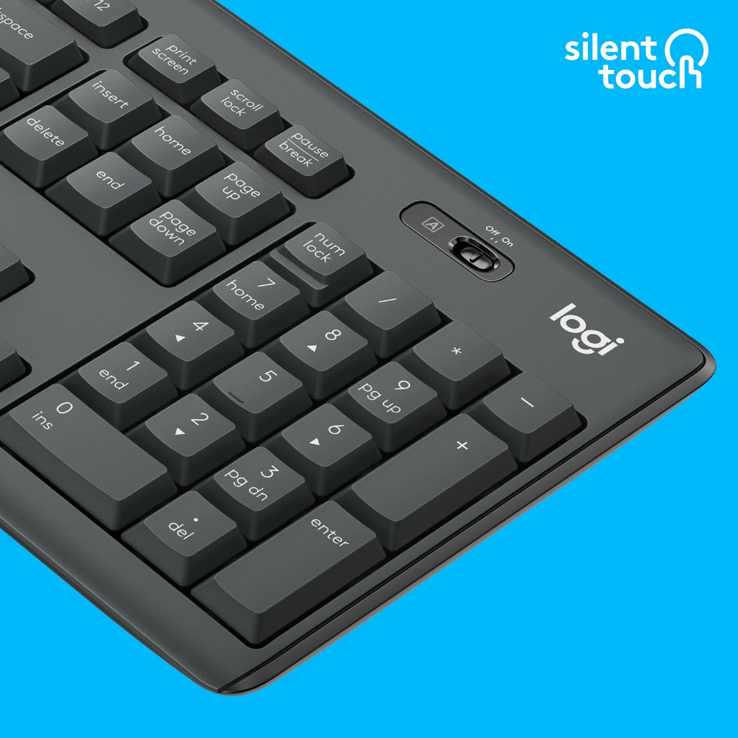 Tih komplet tipkovnice in miške Logitech MK295 Silent Wireless, polna velikost (100%), žična, USB, QWERTY, grafit, miška vključena