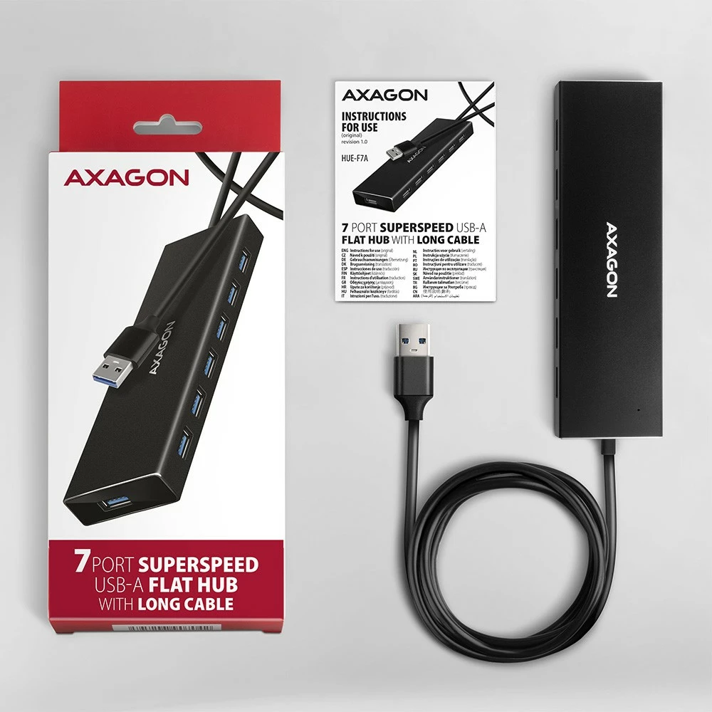 USB razdelilec z 7 vrati AXAGON HUE-F7A, USB 3.2 Gen 1, aluminij, 1 m kabel, črn USB razdelilec z 7 vrati AXAGON HUE-F7A, USB 3.2 Gen 1, aluminij, 1 m kabel, črn
