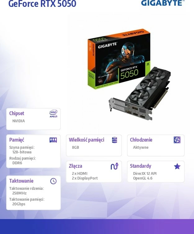 Grafična kartica Gigabyte GeForce RTX 5050 Low Profile OC, 8GB GDDR6, 128-bit, 3 ventilatorji Grafična kartica Gigabyte GeForce RTX 5050 Low Profile OC, 8GB GDDR6, 128-bit, 3 ventilatorji