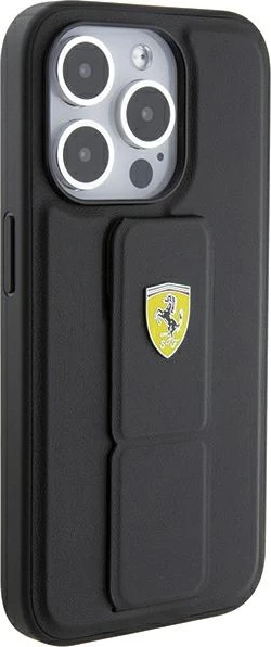 Ovitek za telefon Grip Stand z metalnim logotipom Ferrari za iPhone 15 Pro Max, črn