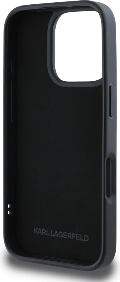 Ovitek z 3D motivom Karl Lagerfeld z dvojno glavo za iPhone 16 Pro Max, črn