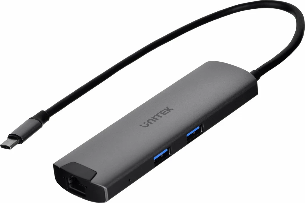 Aktiven USB-C HUB, Unitek H1112F, 5 Gbps, HDMI, RJ-45, PD 100 W, sivi