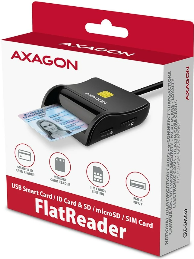 Bralnik kartic, USB 2.0, za pametno kartico/SD/microSD/SIM, črn AXAGON CRE-SM3SD Bralnik kartic, USB 2.0, za pametno kartico/SD/microSD/SIM, črn AXAGON CRE-SM3SD