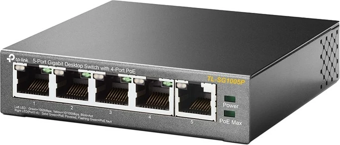 Nepupravljiv switch s PoE TP-LINK TL-SG1005P, 5 gigabit portov, 4 PoE, namizni