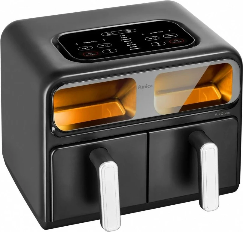 Friteza na vroč zrak z dvema komorama Amica AFM 7020, 8 L, 2400 W, zaslon na dotik, opazovalno okno, črna