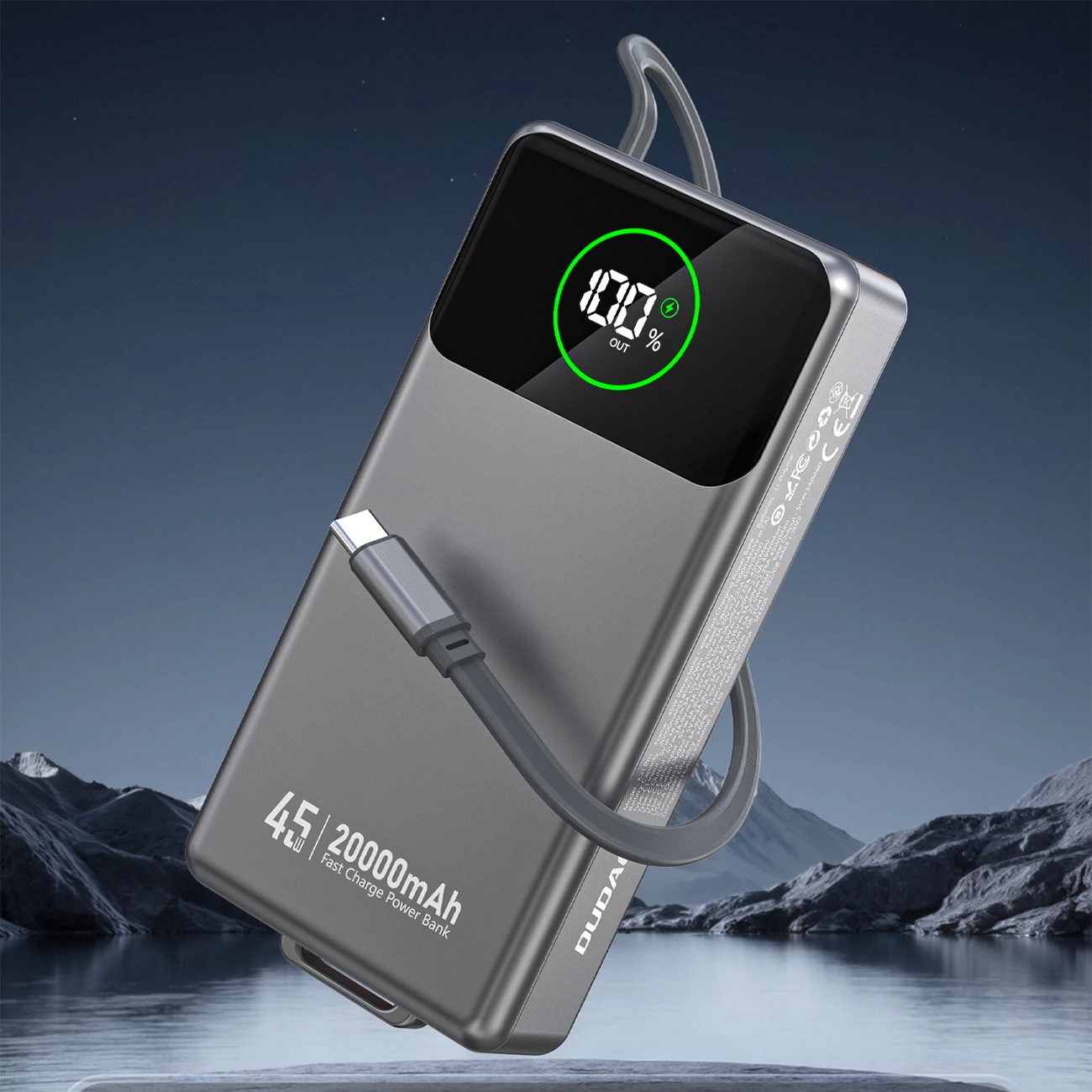 Powerbank 20000 mAh, 45W, z vgrajenim izvlečnim USB-C kablom — Dudao K31 Pro, siva