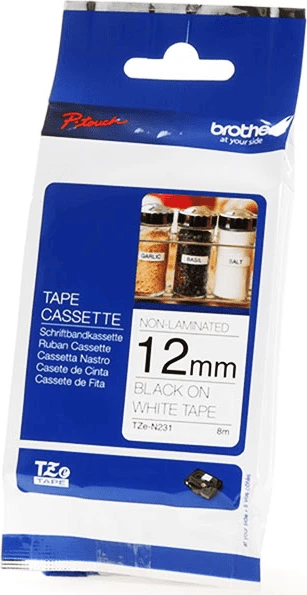 Etiketni trak 12 mm, 8 m, nelaminiran, črn na belem — Brother TZe-N231