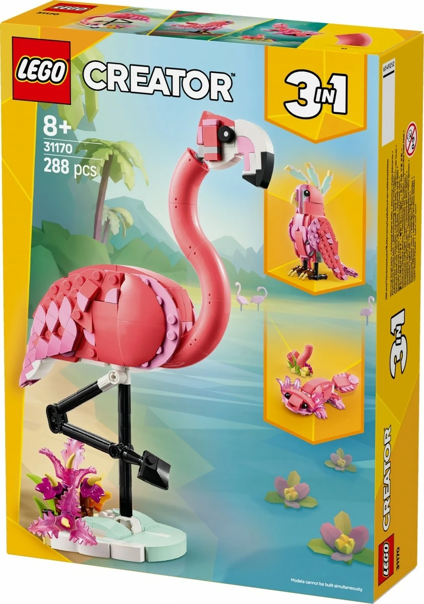 Set za sestavljanje 3 v 1 Divje živali, LEGO Creator 31170: rožnati flamingo, 288 kosov, rožnat