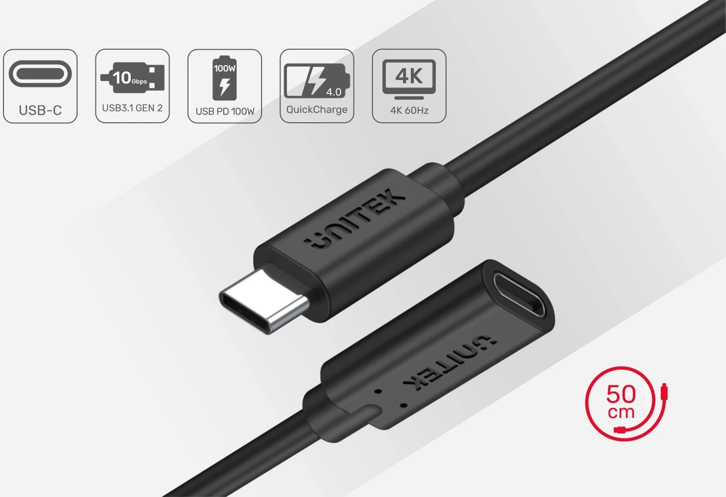 Podaljšek USB-C 10Gbps, 4K, PD 100W, 1,5 m, Unitek, črn