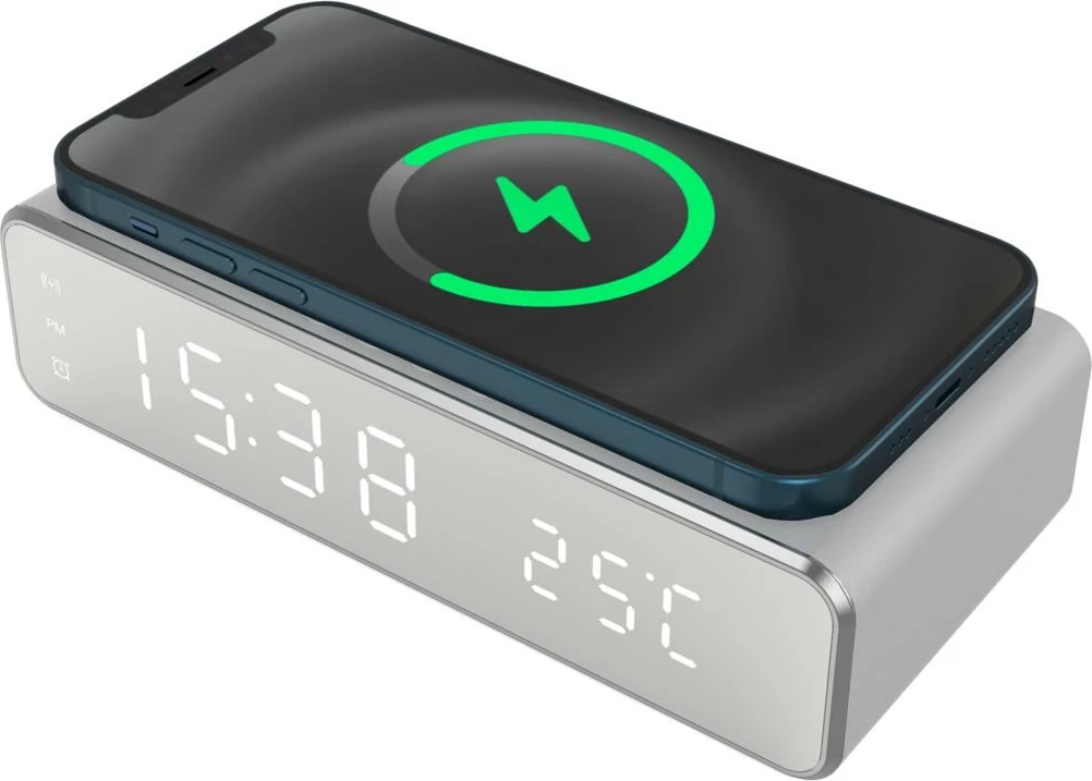 Alarmna ura z brezžičnim polnjenjem 15W, Techmade, srebrna
