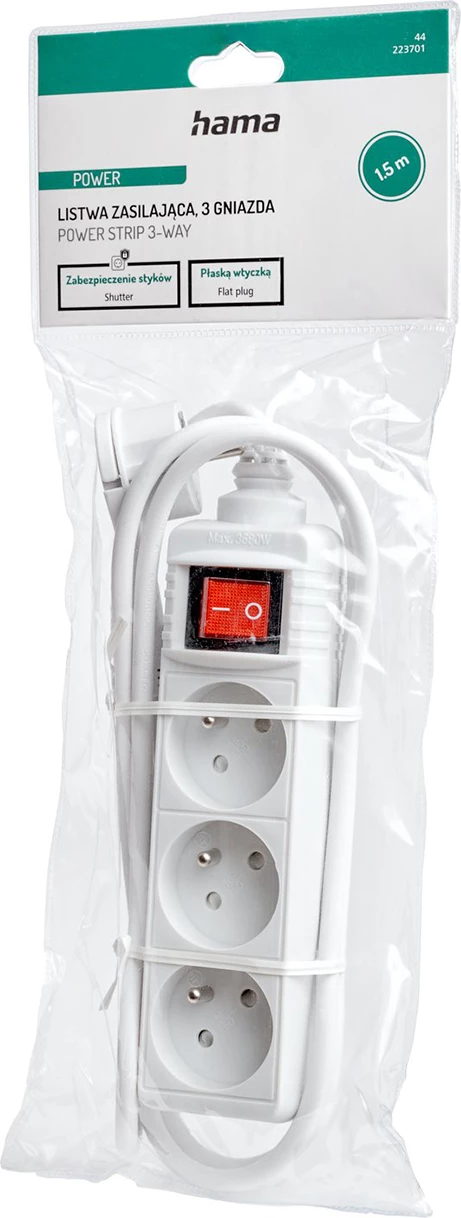 Podaljšek Hama Standard, 3 vtiči, 1,5 m, bel