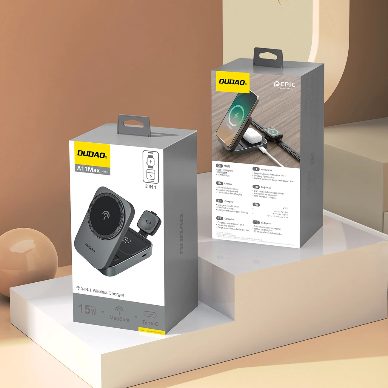 Brezžična postaja za polnjenje 3-v-1, Dudao A11 Max, 15W MagSafe, USB-C vhod, siva