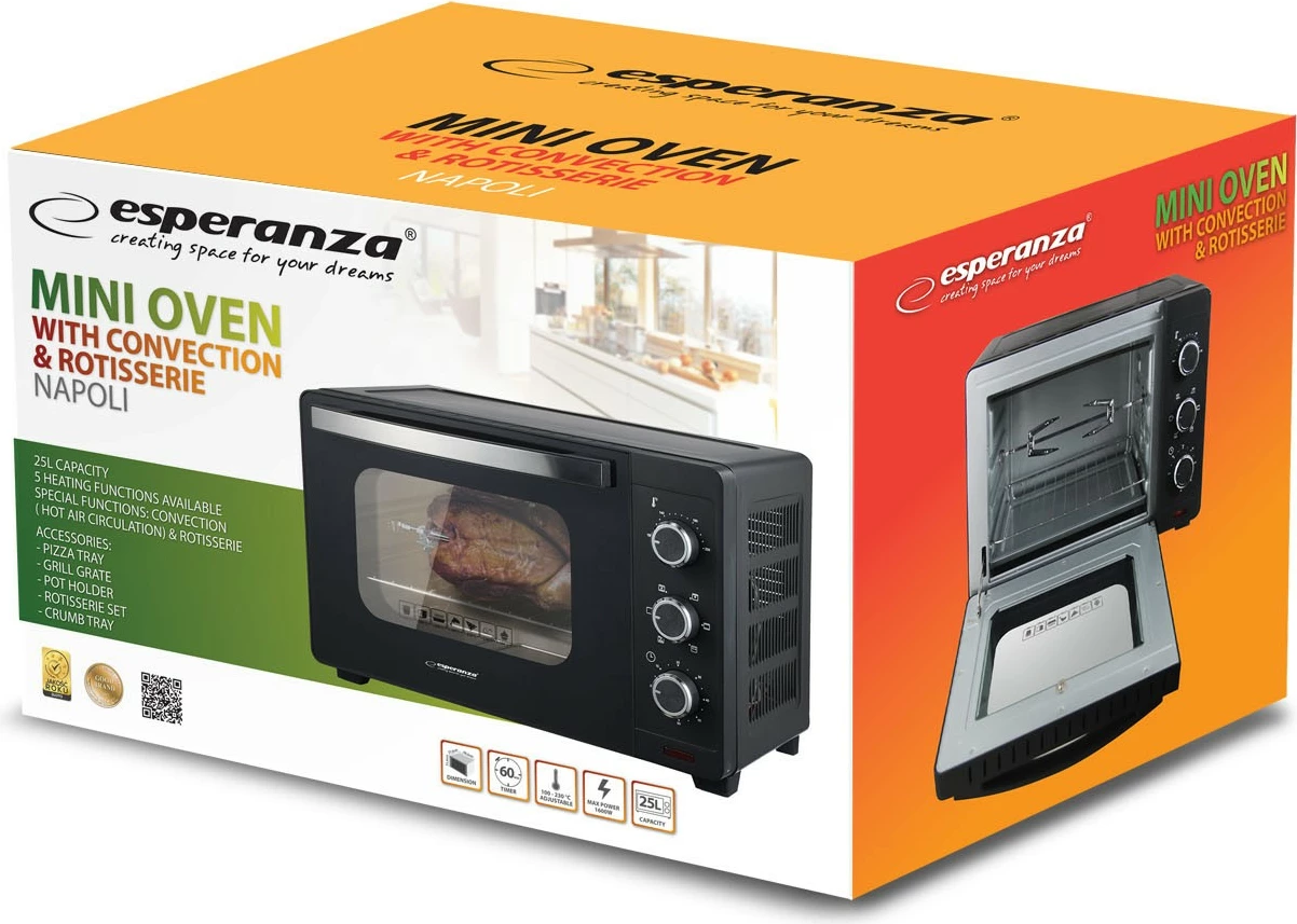 Mini konvekcijska pečica Esperanza Napoli EKO006N, 25 L, 1600 W, črna