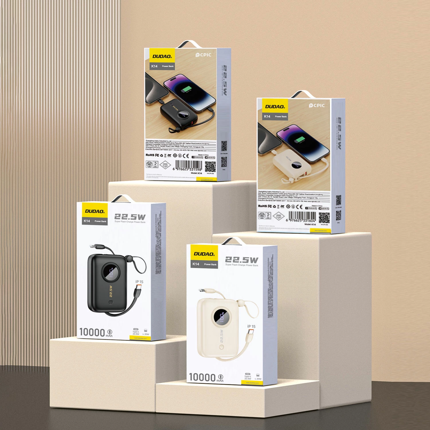 Zunanji akumulator 10.000 mAh Dudao K14, z zaslonom, USB-C/Lightning, črn