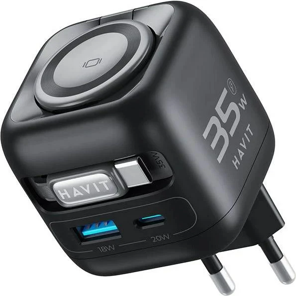 Potovalni polnilec z izvlečnim kablom HAVIT UC250 A-EU GaN, 35 W, črn