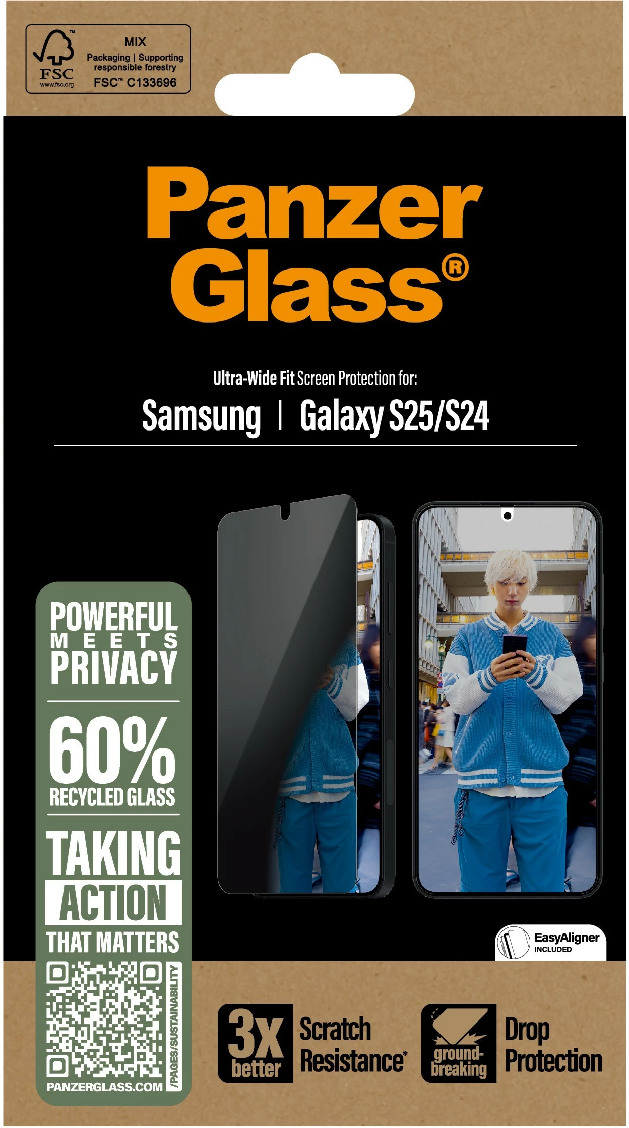 Zaščitni zaslon PanzerGlass za Samsung Galaxy S25, zasebnost, prozoren
