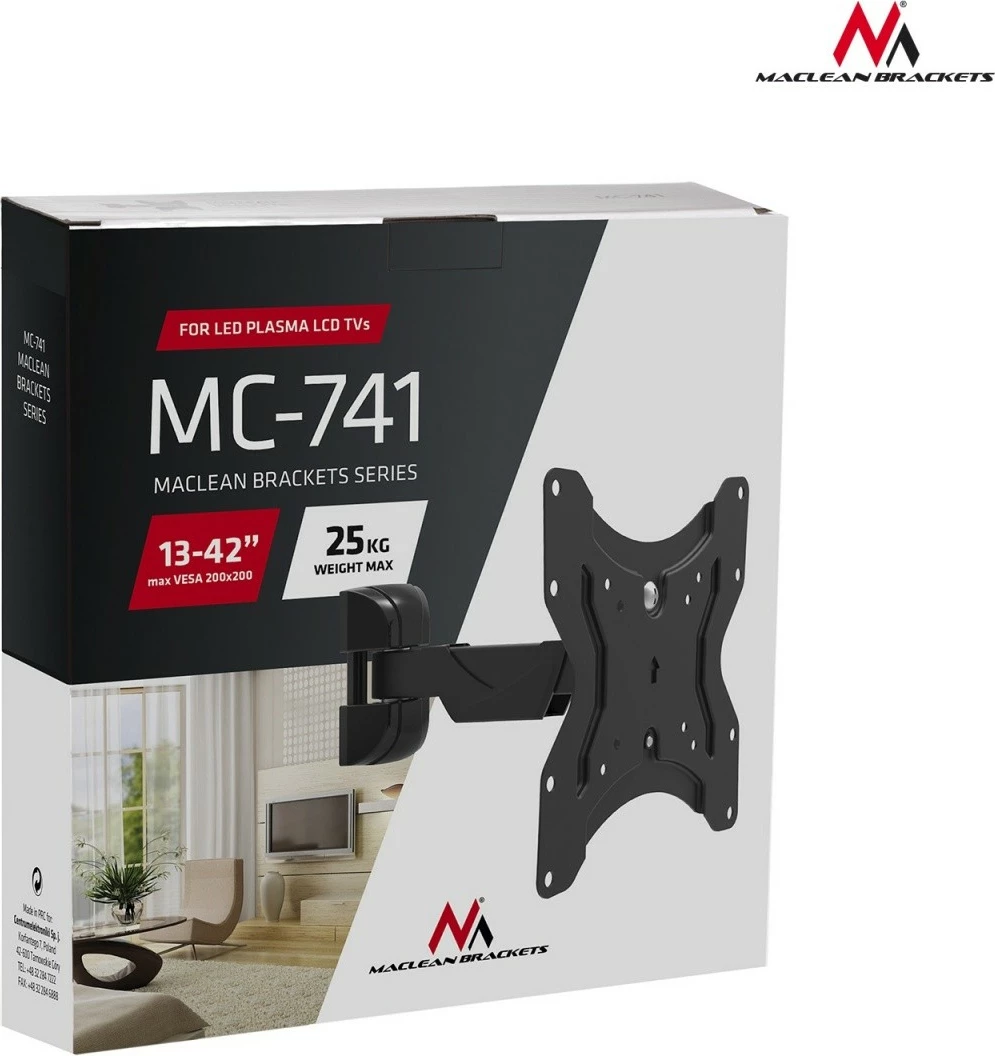 Stenski nosilec za TV/monitor Maclean MC-741, 13–42 palcev, 25 kg, črn