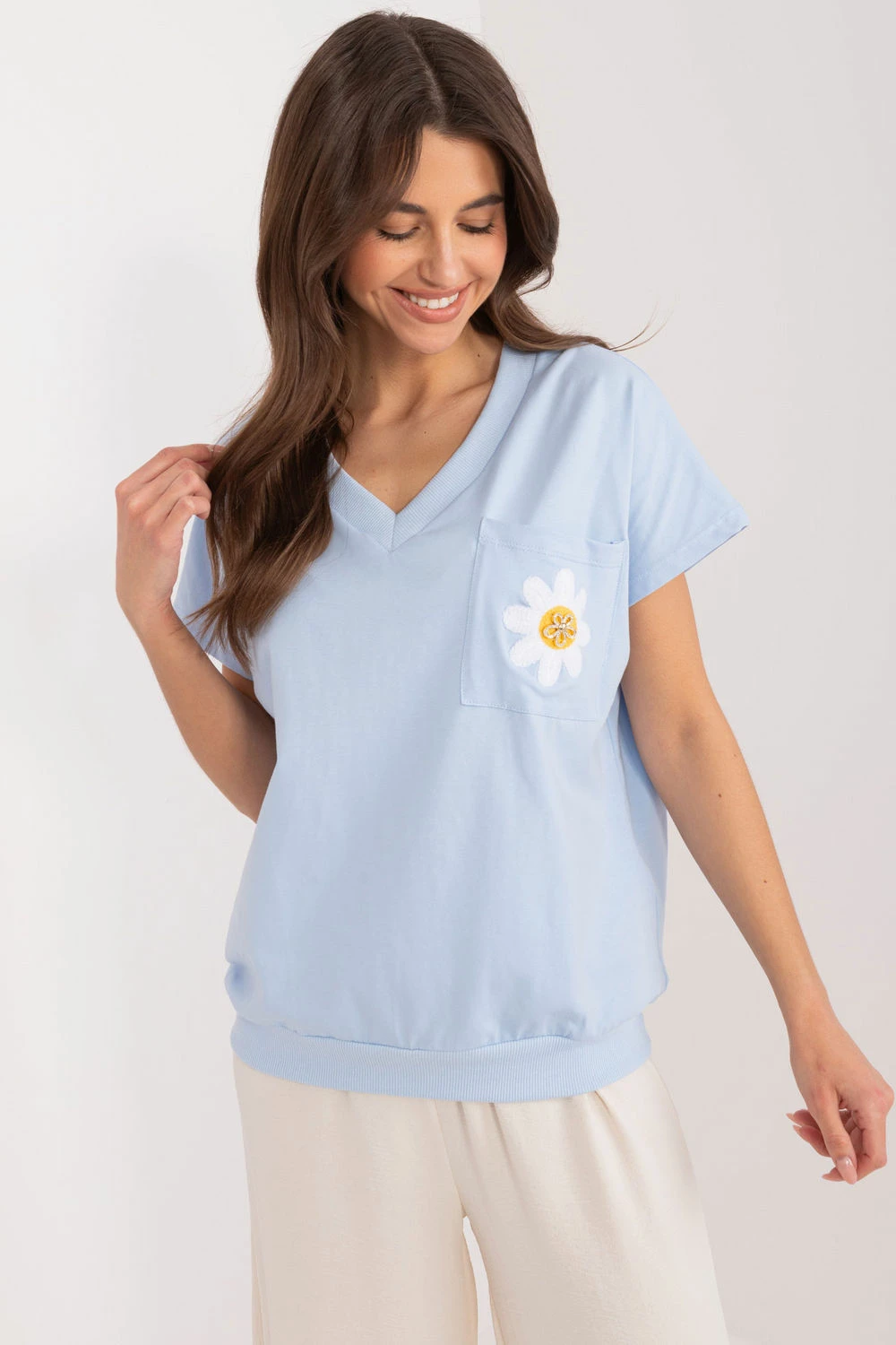 Bluza z vezeno rožo in cirkoni, Rue Paris model 195808, modra