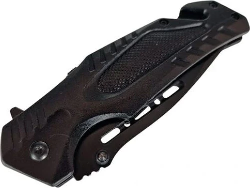 Večfunkcijski reševalni nož AZYMUT H-K2010878 s strgalom za pas, lomilcem stekla in ovitkom, črn