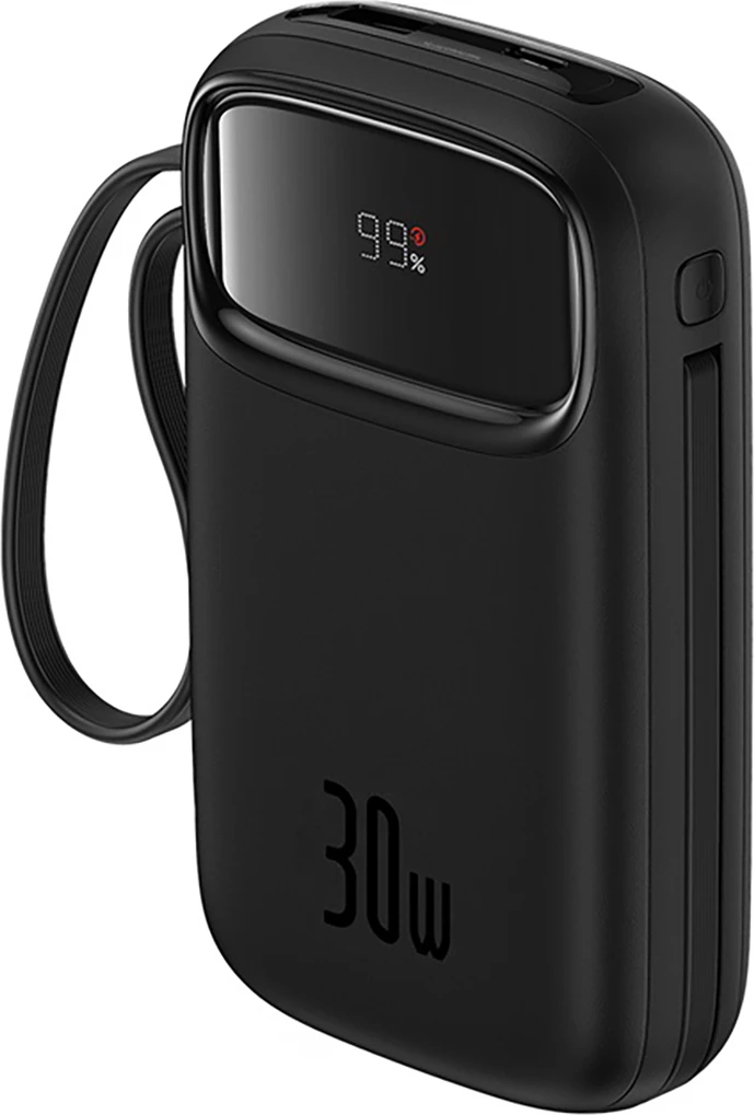 Powerbank 10.000 mAh, 30 W, z vgrajenim USB-C kablom, LED zaslon, črn Baseus QPow 2