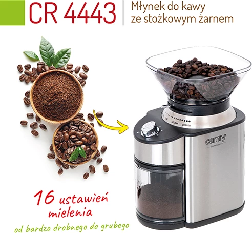 Mlinček za kavo s koničnim brusnim mehanizmom, Camry CR 4443, 200 W, 16 stopenj mletja, posoda 230 g, nerjaveče jeklo, srebrno/črn