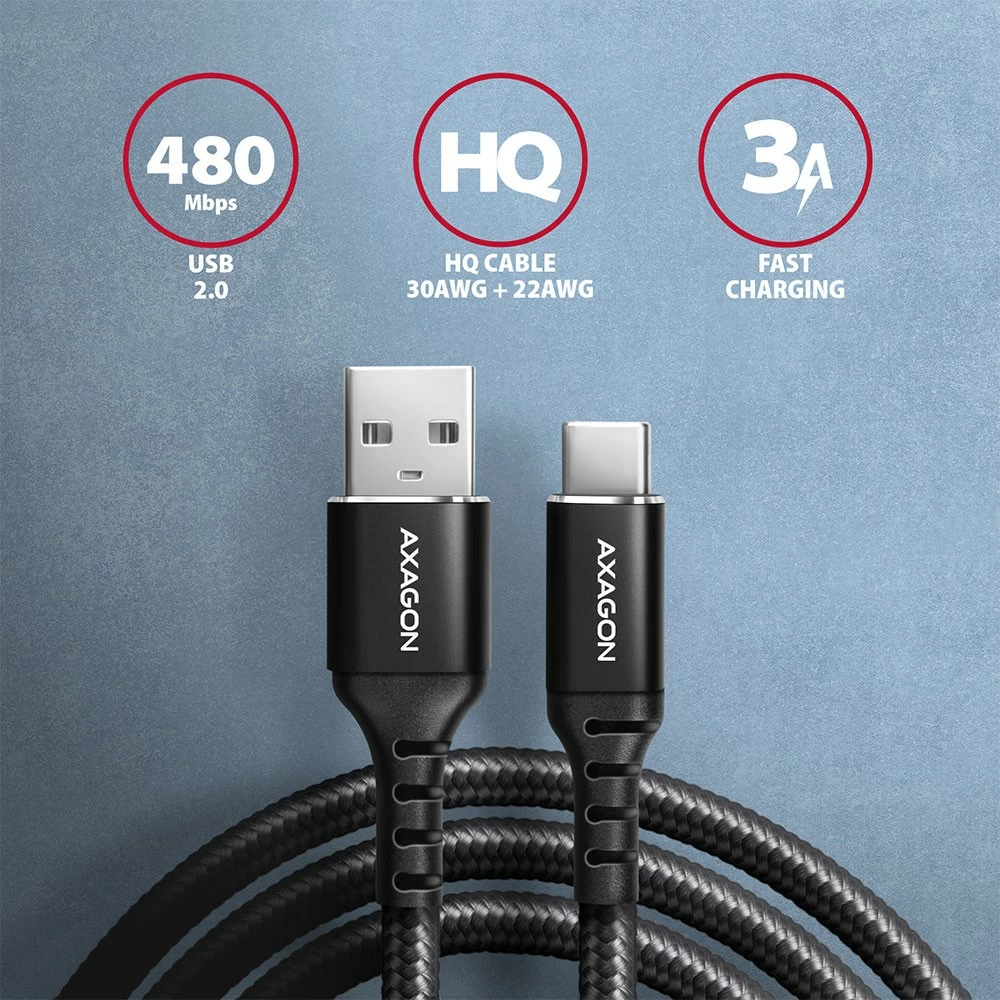 Kabel USB-C na USB-A, 2 m, USB 2.0, 3A, črn AXAGON BUCM-AM20AB Kabel USB-C na USB-A, 2 m, USB 2.0, 3A, črn AXAGON BUCM-AM20AB