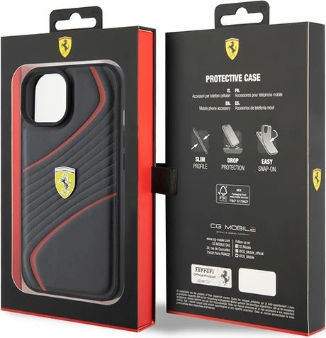 Ovitek za telefon za iPhone 15 6,1\", Twist kovinski logotip, črn - Ferrari FEHCP15SPTWK