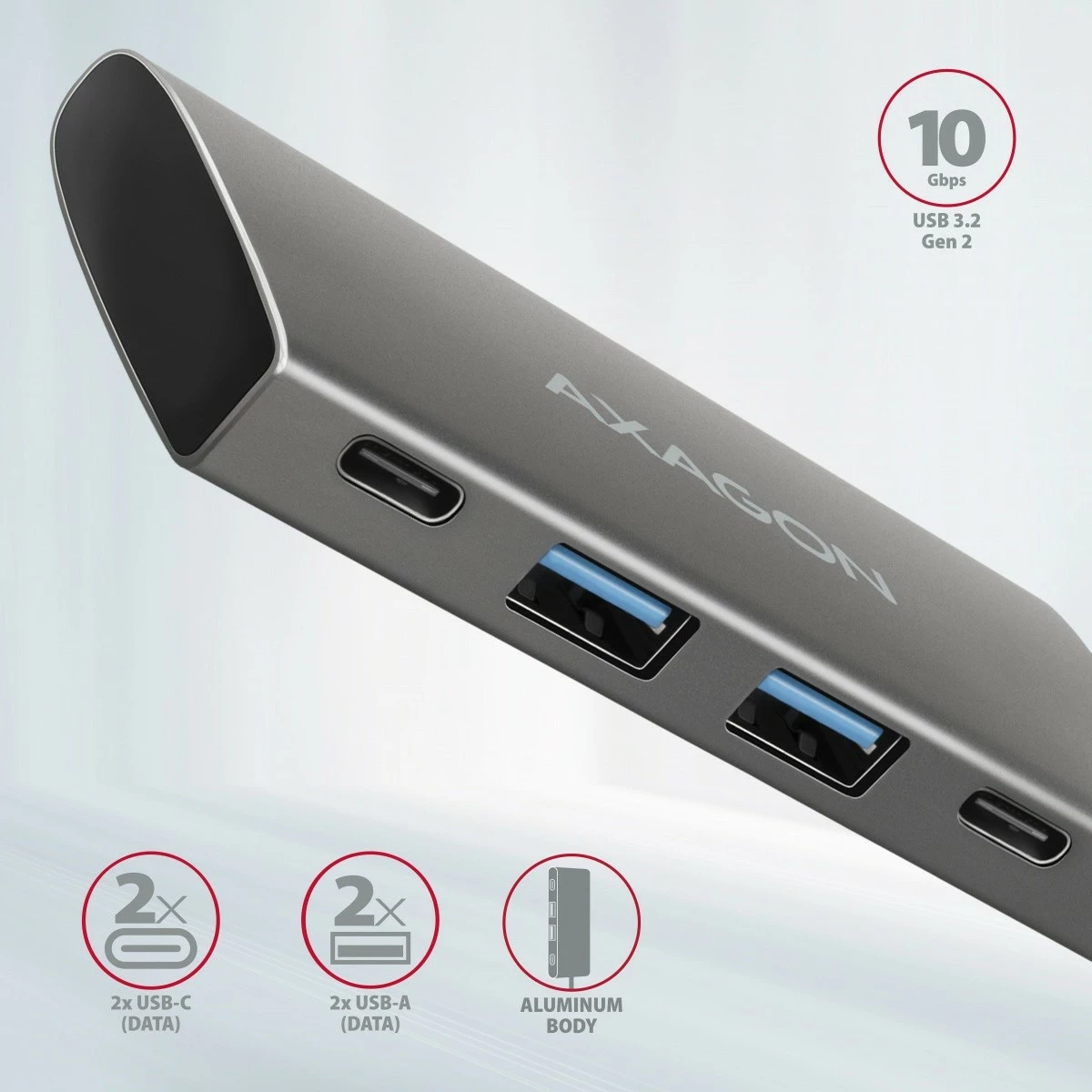Razdelilec USB AXAGON HMC-4G2, 4 vrata (2x USB-A, 2x USB-C), USB 3.2 Gen 2, kabel USB-C 13 cm, črno/siv Razdelilec USB AXAGON HMC-4G2, 4 vrata (2x USB-A, 2x USB-C), USB 3.2 Gen 2, kabel USB-C 13 cm, črno/siv