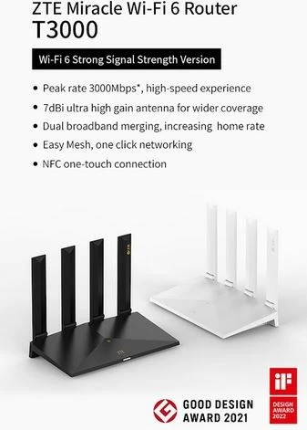 Usmerjevalnik Wi‑Fi 6, 3000 Mbps, 4 antene, bel — ZTE T3000 IDU