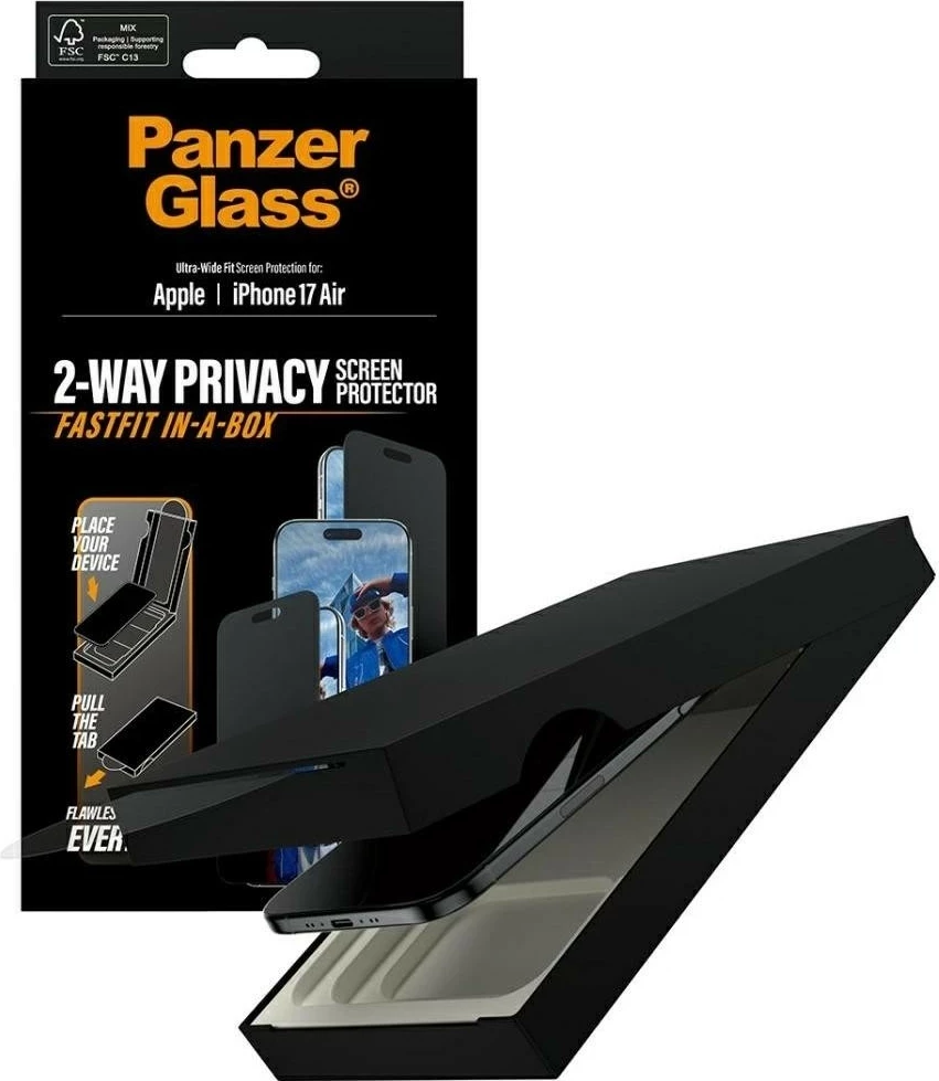 Ovitek za telefon PanzerGlass Ultra-Wide Fit Fastfit za iPhone 17 Air, privacy glass, črn