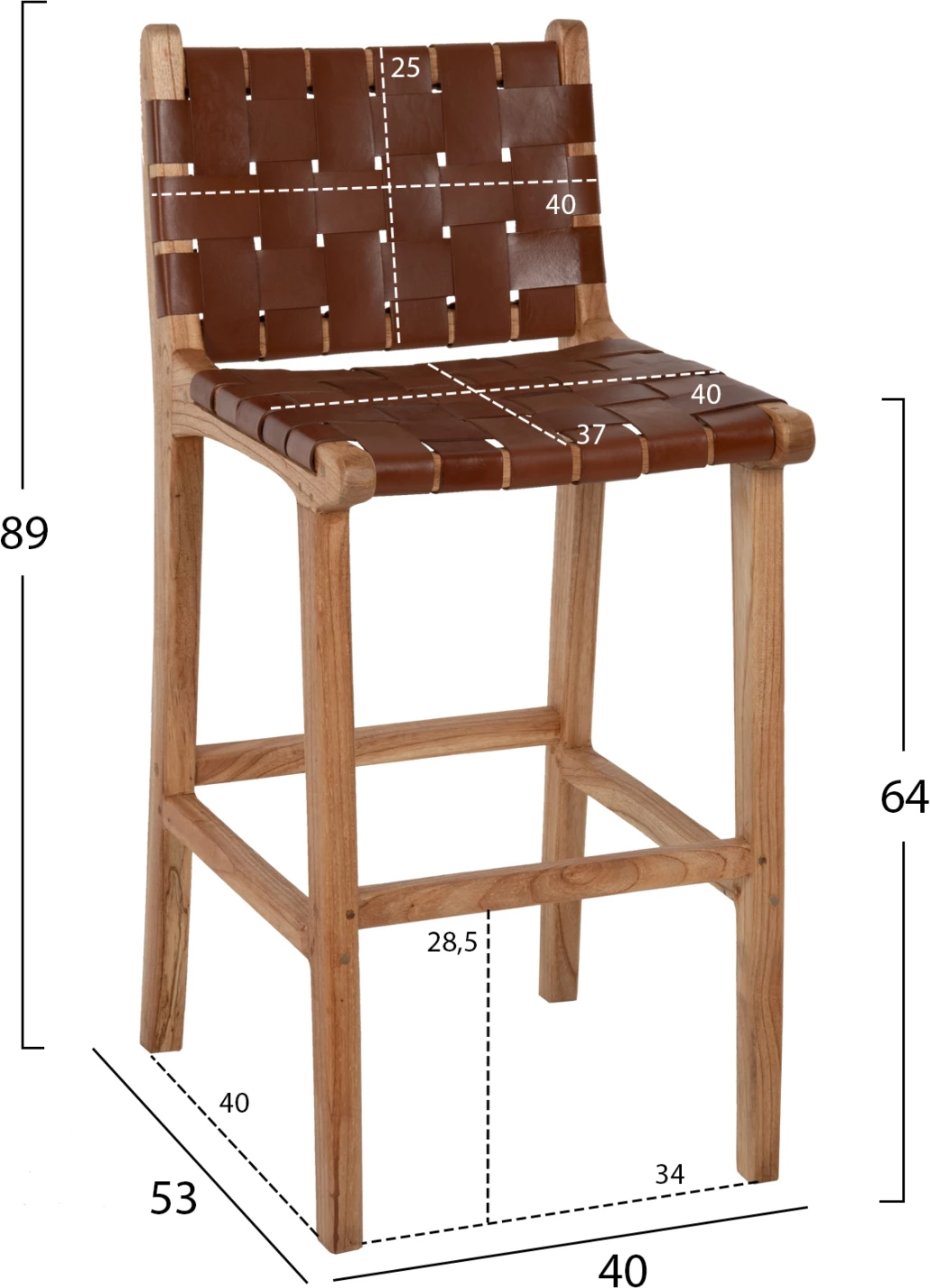 Stol z naslonjalom FH9380.01 visok mindi les pleteno usnje naravno, 40x53x89H