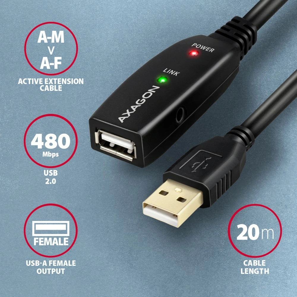 Podaljšek USB 2.0, AXAGON ADR-220, 20 m, črn Podaljšek USB 2.0, AXAGON ADR-220, 20 m, črn