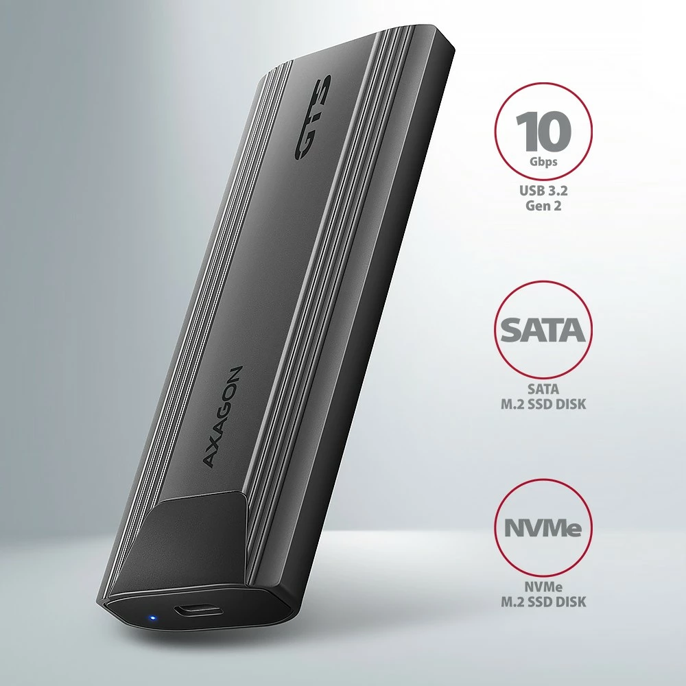 Zunanje računalniško ohišje za SSD M.2 NVMe in SATA, USB-C 3.2 Gen 2, črno - AXAGON EEM2-GTS2 Zunanje računalniško ohišje za SSD M.2 NVMe in SATA, USB-C 3.2 Gen 2, črno - AXAGON EEM2-GTS2