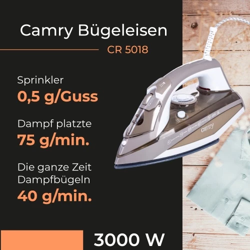 Parni likalnik, 3000 W, keramična likalna plošča, rezervoar 320 ml, kabel 1,9 m, zlata, Camry CR5018