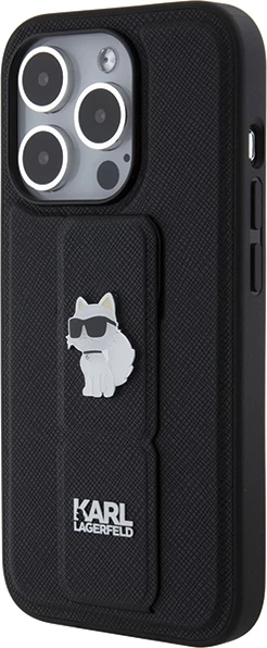 Ovitek Gripstand Saffiano Choupette Pins za iPhone 15 Pro Max, Karl Lagerfeld, črn