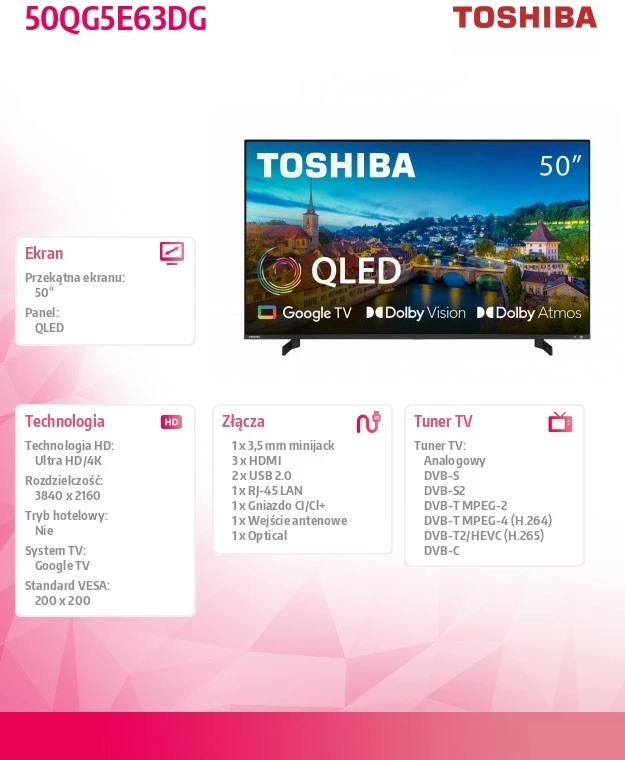 Televizor QLED, 50-palčni, Ultra HD/4K, Google TV, Dolby Vision, Dolby Atmos Toshiba 50QG5E63DG