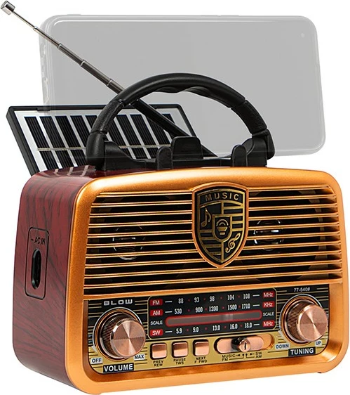 Prenosni analogni radio, AM/FM, Bluetooth, solar, 1200mAh BLOW RA10, črn/rjav/zlat