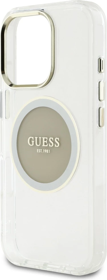 Ovitek za telefon Guess IML Metal Colored Circle Classic Logo MagSafe za iPhone 16 Pro, siv