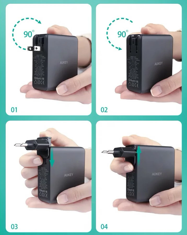 Stenski polnilec 140W z 3 vrati (2× USB-C, 1× USB-A) AUKEY PA-B70 Omnia II, črn, z mednarodnimi adapterji