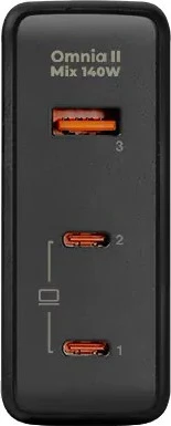 Stenski polnilec 140W z 3 vrati (2× USB-C, 1× USB-A) AUKEY PA-B70 Omnia II, črn, z mednarodnimi adapterji